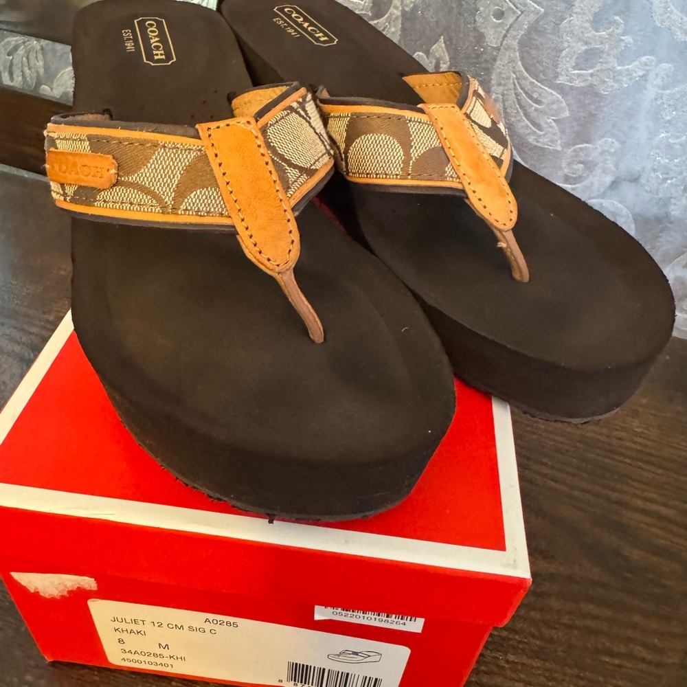 Coach Black Platform Wedge Flip Sandals with Tan Signature Straps - Picture 3 of 10
